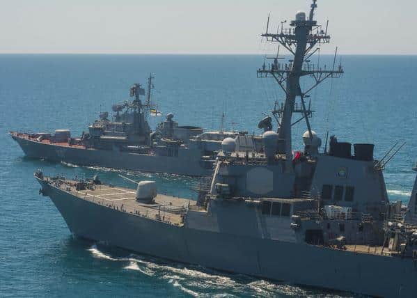 Guided-missile destroyer USS Ross conducting exercise with the Ukrainian navy Frigate Hetman Sahaydachniy
