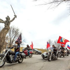 Activist in Prague protest against arrival of pro-Putin Night Wolves bikers