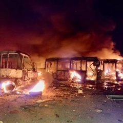 Russians fired rockets at motor company, killing 1 person and destroying more than 50 buses